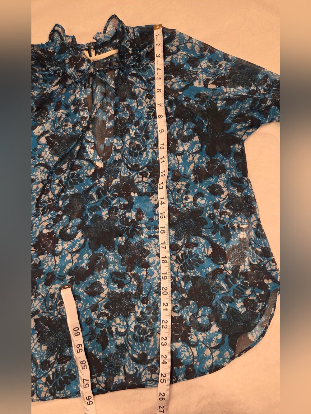 Anthropologie Blue Floral Tie-Neck Sheer Blouse, Size S. - Picture 14 of 15